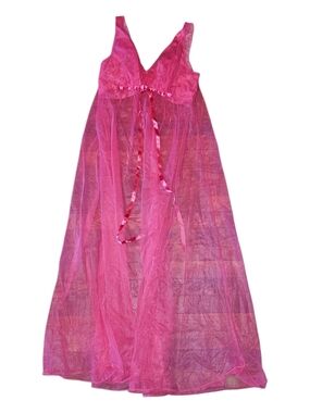 Vintage Vanity Fair Hot Pink Sheer Tulle Long Nightgown with Satin Ribbon